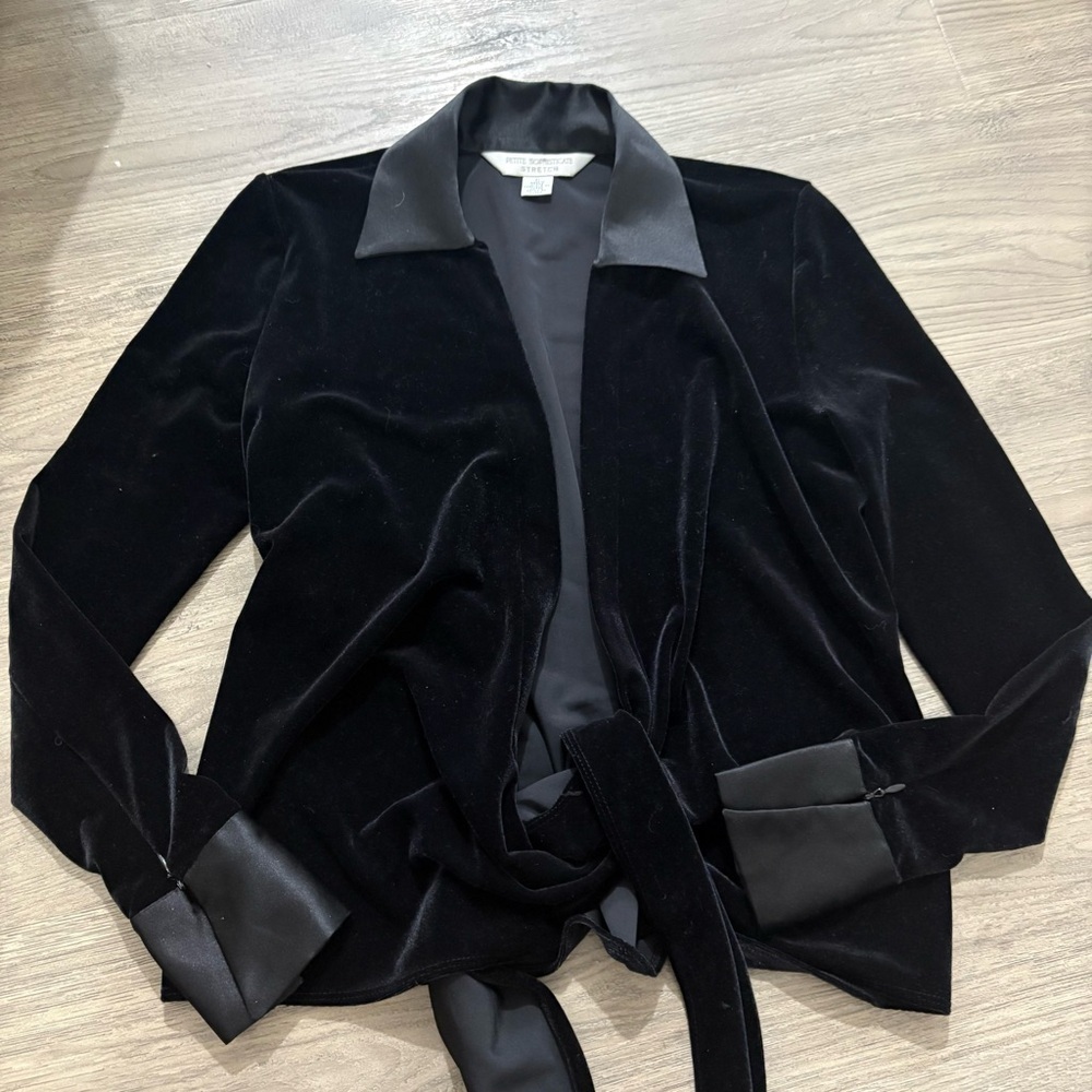Vtg Petite Sophisticate Black Velvet Satin Trim Womens Blazer Cardigan Tie Front